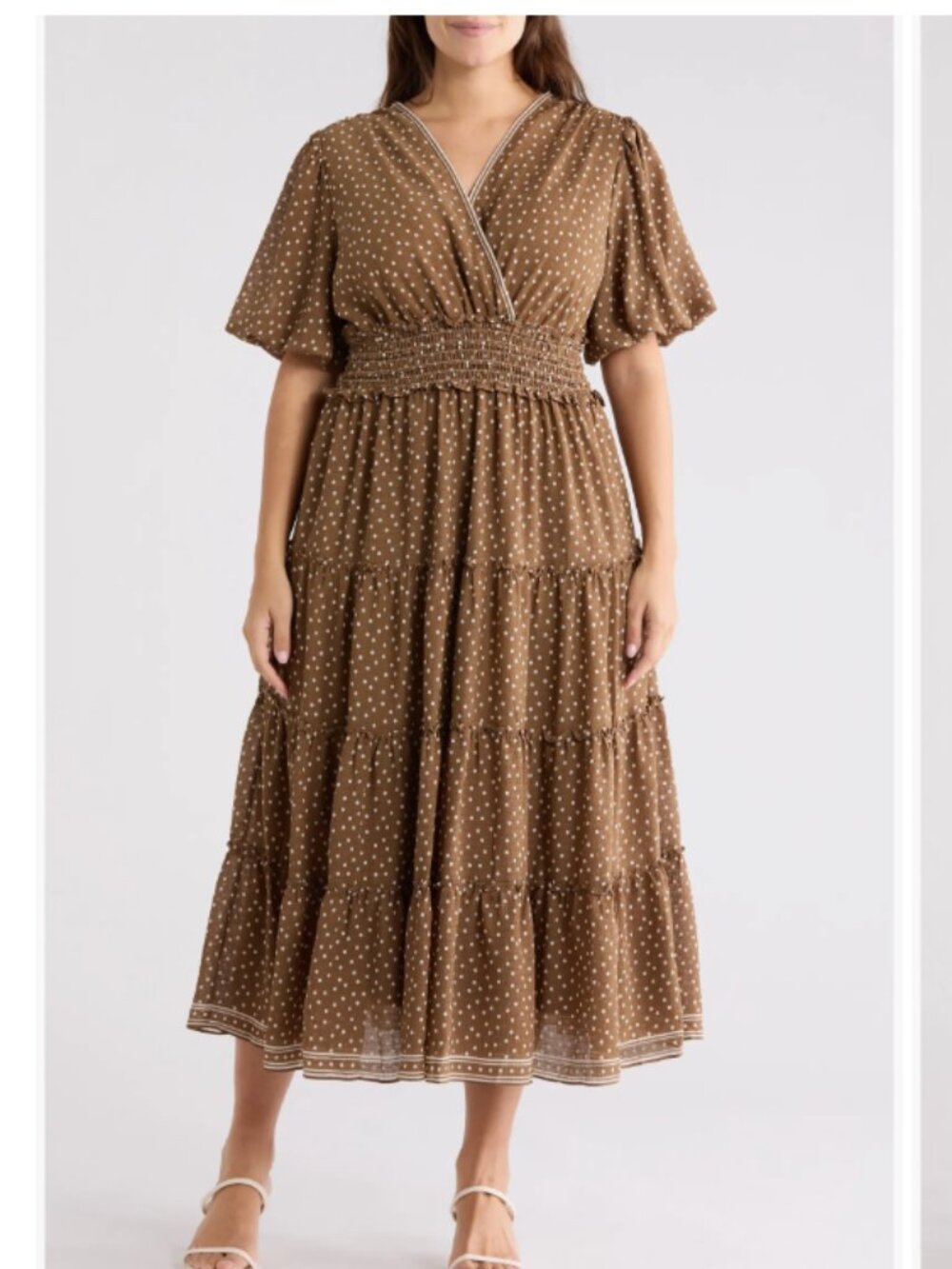 Print Puff Sleeve V-Neck Dress MAX STUDIO polka dots Print Puff Sleeve V-Neck Dr